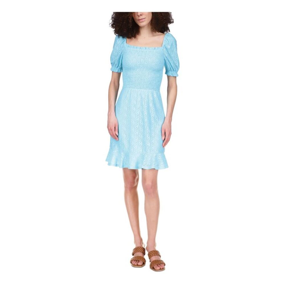 MICHAEL KORS Womens Aqua Peasant Dress Logo Plate Pouf Sleeve Dress XS